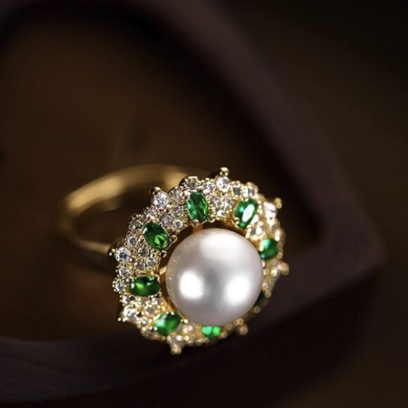 ✨ REGAL Freshwater Pearl Ring - Emerald Green & CZ Halo Adjustable! - Picture 3 of 5